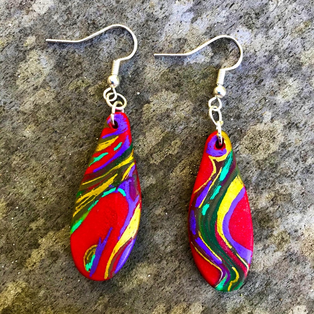 Red abstract- hand painted polymer clay earrings